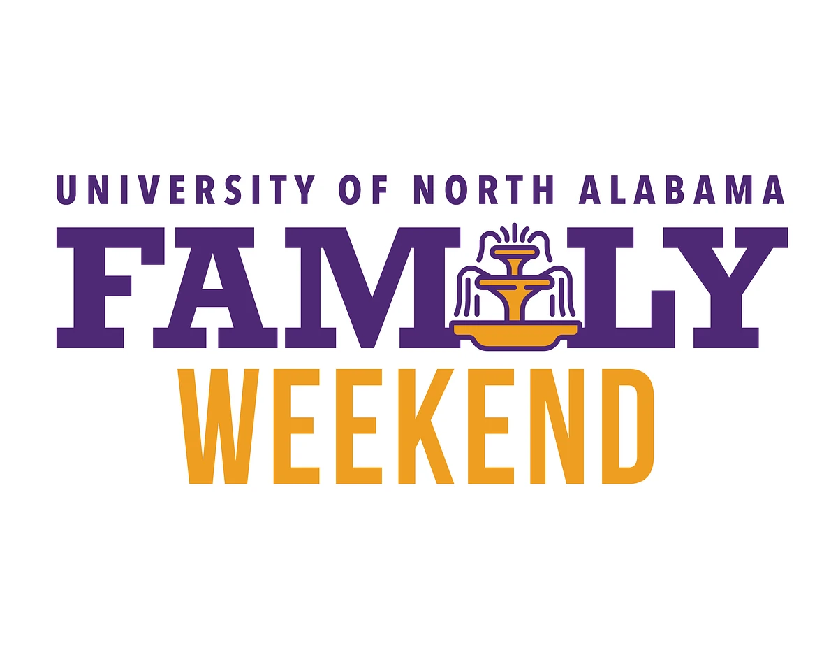 The image is a logo for the "University of North Alabama Family Weekend" featuring a fountain graphic.